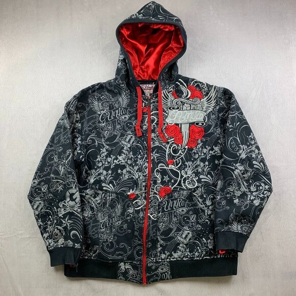 G-Unit Mens Sweater XL Black Red Hoodie Full Zip Embroidered Tattoo Rose Y2K Rap - Picture 1 of 13